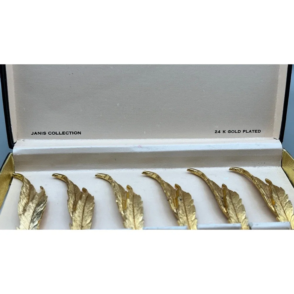 Janis Collection 24K Gold Plated Feather Butter Spreader Set of 6 Vtg Boxed